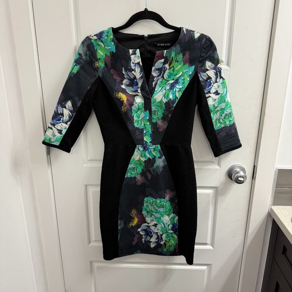 3/$30 Black Halo watercolor green Gypsy Rose‎ Sheath Midi Dress Size 2
